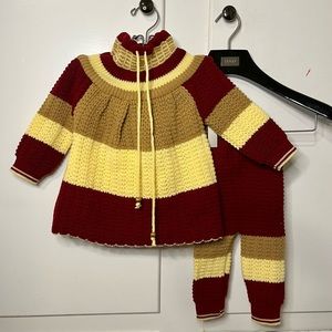 Vintage 70s Girls Cream Tan Red Crochet Tunic and Leggings Set